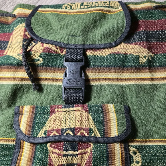 Unbranded OS Vintage Baja Woven Tapestry Backpack Boho Aztec Green Maroon - Picture 2 of 10